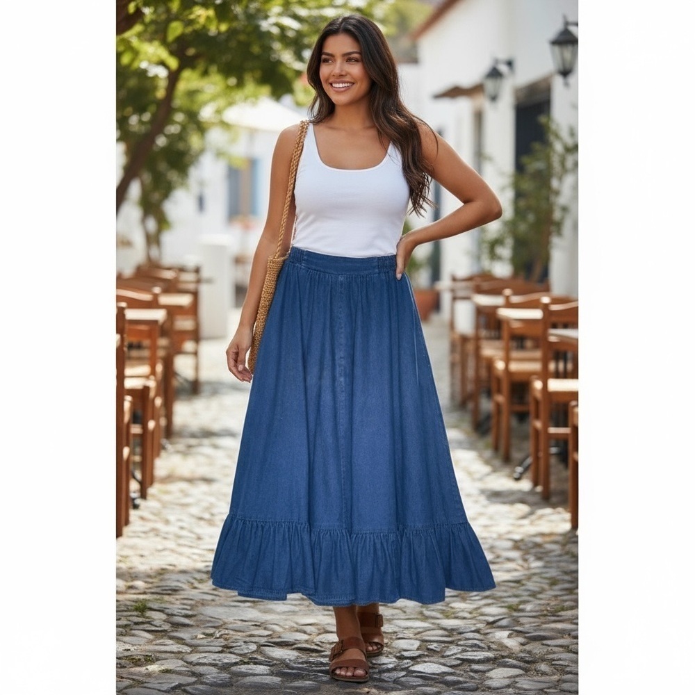 Vtg. Mr. Stan Denim Blue Jean FULL SKIRT, 1970's, Ruffle Flounce Western Size 8 - Picture 3 of 12